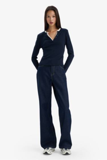 Slim Fit Dar Kesim Düğmeli Yaka Ribana Uzun Kollu Tişört