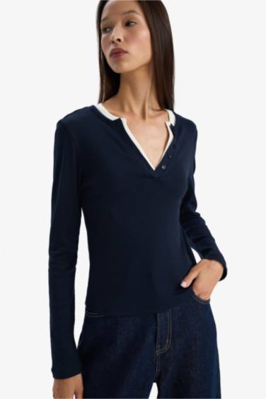 Slim Fit Dar Kesim Düğmeli Yaka Ribana Uzun Kollu Tişört