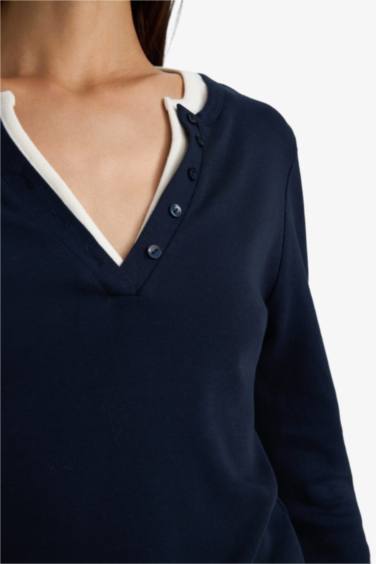 Slim Fit Dar Kesim Düğmeli Yaka Ribana Uzun Kollu Tişört