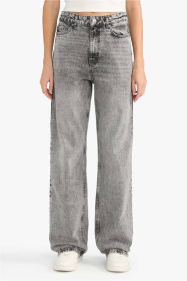 Straight Fit Yüksek Bel Uzun Jean Yıkamalı Pantolon