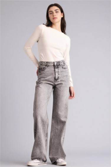 Straight Fit High Waist Long Washed Jeans