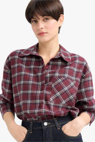 Overshirt Fit Gömlek Yaka Kareli Flanel Uzun Kollu Gömlek