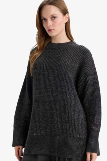 Loose Fit Bisiklet Yaka Simli Kumaş Triko Kazak Tunik