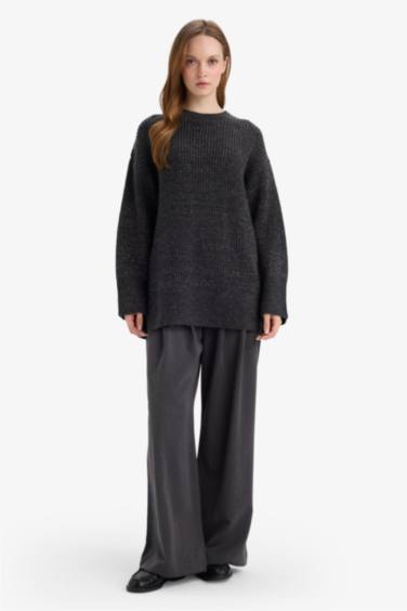 Loose Fit Bisiklet Yaka Simli Kumaş Triko Kazak Tunik