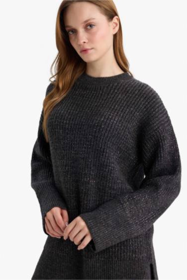 Loose Fit Bisiklet Yaka Simli Kumaş Triko Kazak Tunik