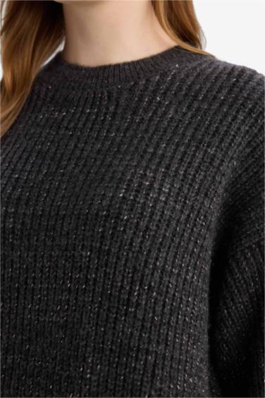 Loose Fit Bisiklet Yaka Simli Kumaş Triko Kazak Tunik