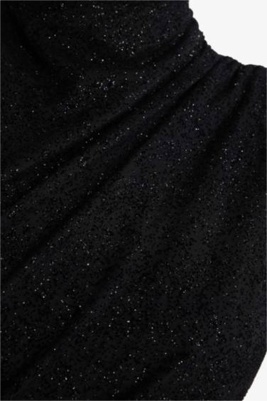 Regular Fit Dik Yaka Parlak Kumaş Tül Kolsuz Midi Elbise