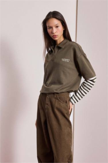 Loose Fit Polo Yaka Baskılı Uzun Kollu Tişört