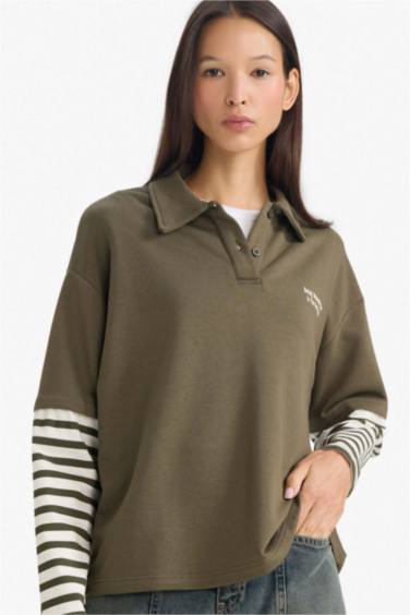 Loose Fit Polo Yaka Baskılı Uzun Kollu Tişört