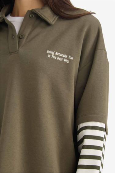 Loose Fit Polo Yaka Baskılı Uzun Kollu Tişört