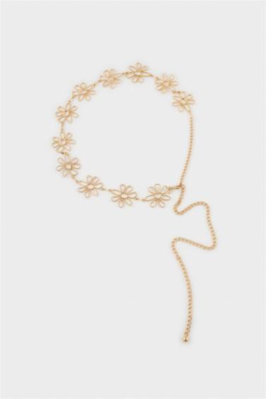 Kadın Gold Çiçek Temalı Metal Zincir Kemer