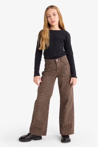 Kız Çocuk Flare Fit Leopar Desenli İspanyol Paça Pantolon