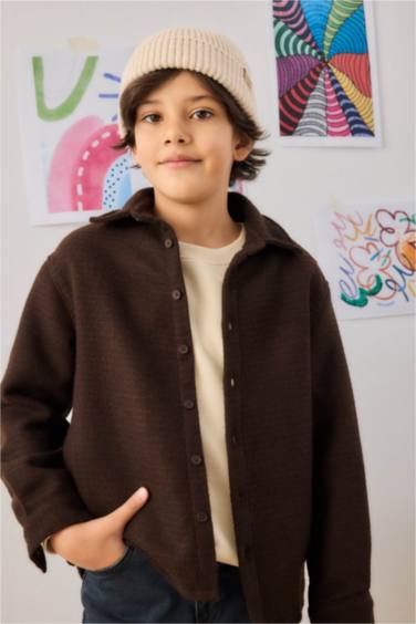 Boy Oversize Fit Polo Collar Waffle Long Sleeve Shirt