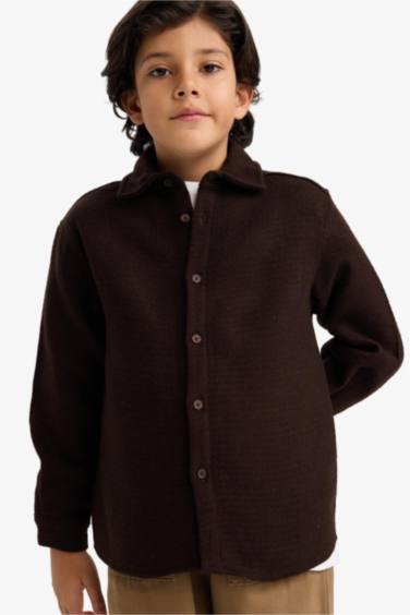 Boy Oversize Fit Polo Collar Waffle Long Sleeve Shirt