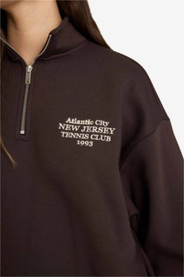 Oversize Geniş Kalıp Yarım Fermuarlı Baskılı Sweatshirt