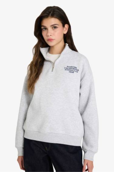 Oversize Geniş Kalıp Yarım Fermuarlı Baskılı Sweatshirt