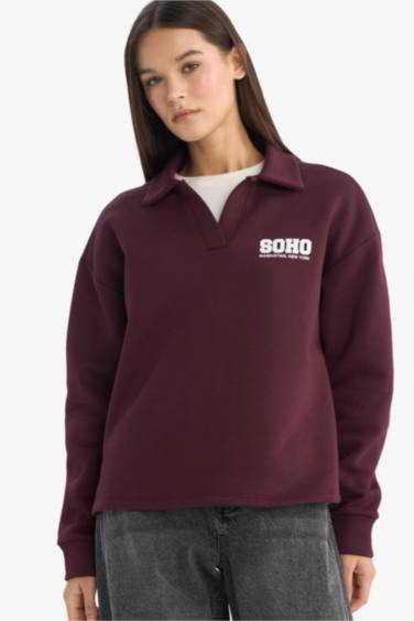 Coool Oversize Geniş Kalıp Polo Yaka Baskılı Sweatshirt