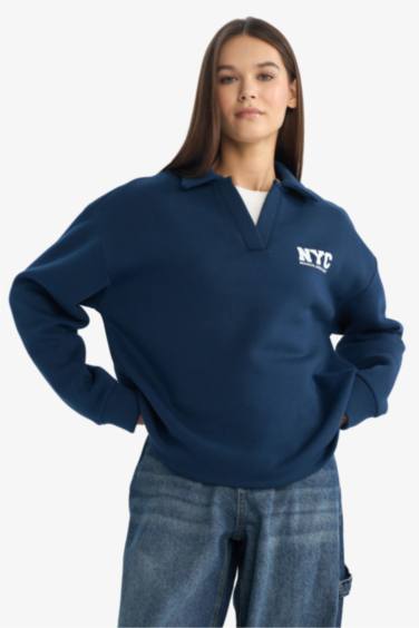 Coool Oversize Geniş Kalıp Polo Yaka Baskılı Sweatshirt