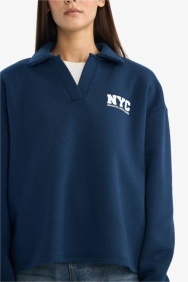 Coool Oversize Geniş Kalıp Polo Yaka Baskılı Sweatshirt