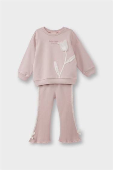 Kız Bebek 2'li Takım Çiçekli Sweatshirt İspanyol Paça Alt