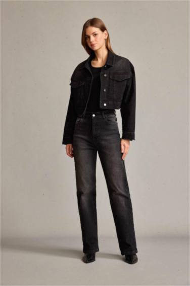 Düğmeli Crop Denim Ceket