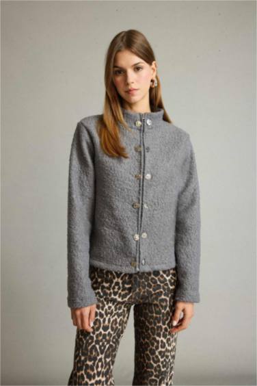 Plush Button Detail Zippered Cardigan