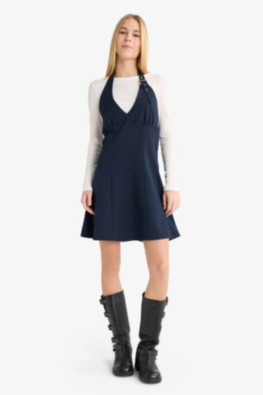 Coool Halter Yaka Kareli Mini Elbise