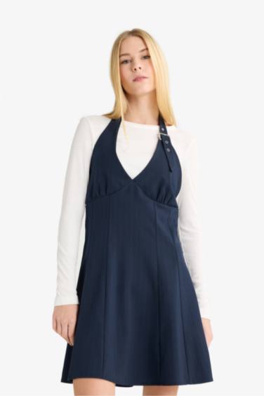 Coool Halter Yaka Kareli Mini Elbise