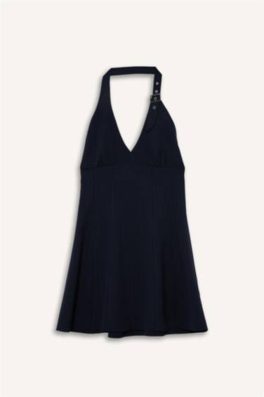 Coool Halter Yaka Kareli Mini Elbise