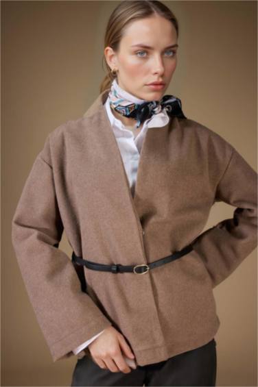 Yuvarlak Yaka Yün Görünümlü Kaşe Ceket