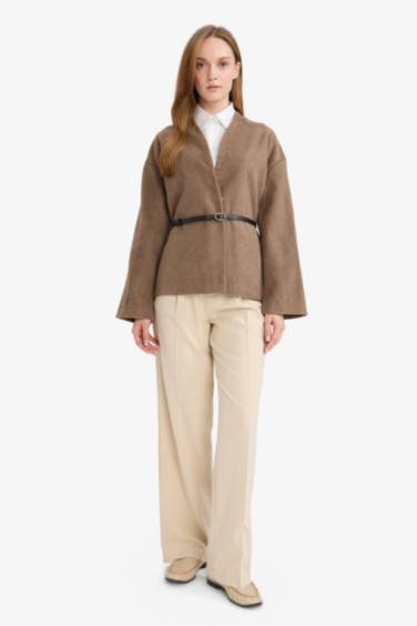 Yuvarlak Yaka Yün Görünümlü Kaşe Ceket