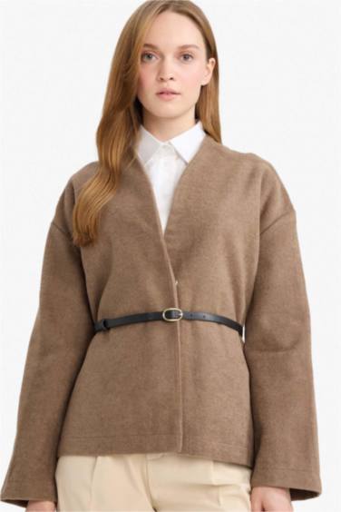 Yuvarlak Yaka Yün Görünümlü Kaşe Ceket