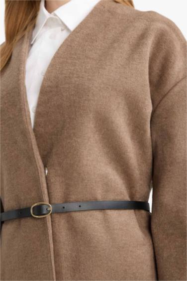 Yuvarlak Yaka Yün Görünümlü Kaşe Ceket