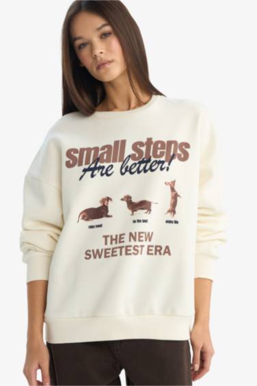 Coool Oversize Geniş Kalıp Bisiklet Yaka Baskılı Sweatshirt