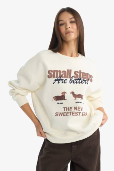 Coool Oversize Geniş Kalıp Bisiklet Yaka Baskılı Sweatshirt