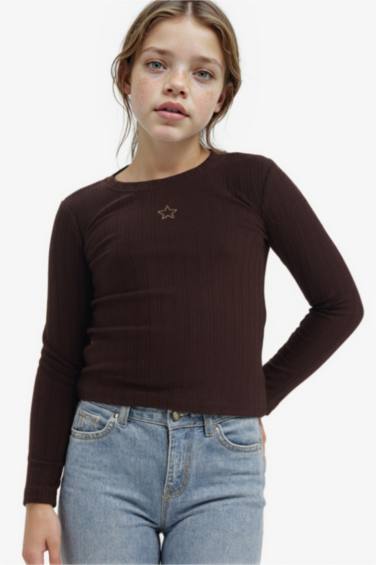 Kız Çocuk Slim Fit Dar Kesim Yıldızlı Fitilli Kaşkorse Uzun Kollu Tişört