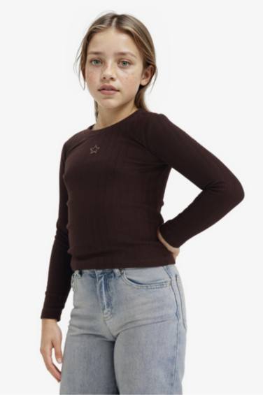 Kız Çocuk Slim Fit Dar Kesim Yıldızlı Fitilli Kaşkorse Uzun Kollu Tişört