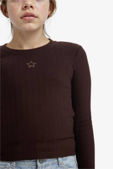 Kız Çocuk Slim Fit Dar Kesim Yıldızlı Fitilli Kaşkorse Uzun Kollu Tişört