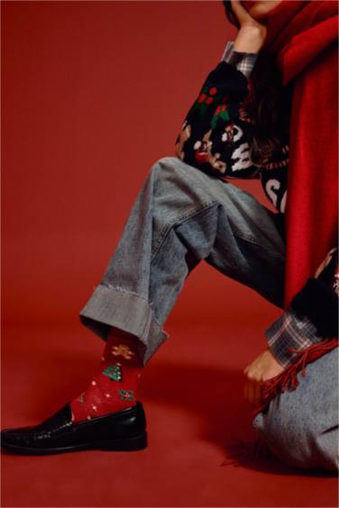 Woman Christmas Themed Printed 2 Piece Cotton Long Socks