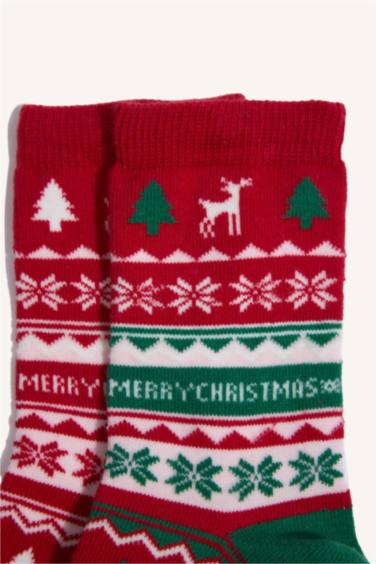 Kız Çocuk Kutulu Yılbaşı Temalı 2'li Pamuklu Uzun Çorap