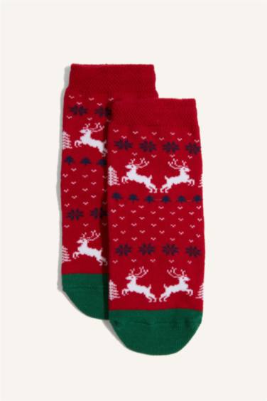 Kız Bebek Yılbaşı Temalı Dikişsiz 2'li Pamuklu Uzun Çorap