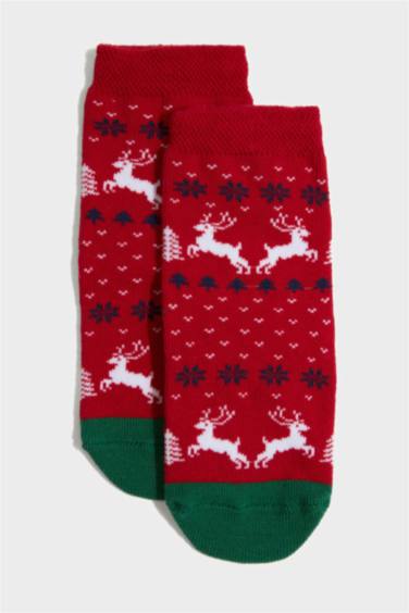 Kız Bebek Yılbaşı Temalı Dikişsiz 2'li Pamuklu Uzun Çorap