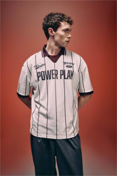 Loose Fıt Slogan Baskılı Polo Tişört - Görsel 3