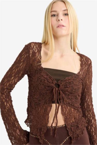 Coool Flare Fit Dantel Önden Bağlamalı Uzun Kollu Bluz