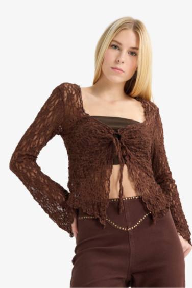 Coool Flare Fit Dantel Önden Bağlamalı Uzun Kollu Bluz