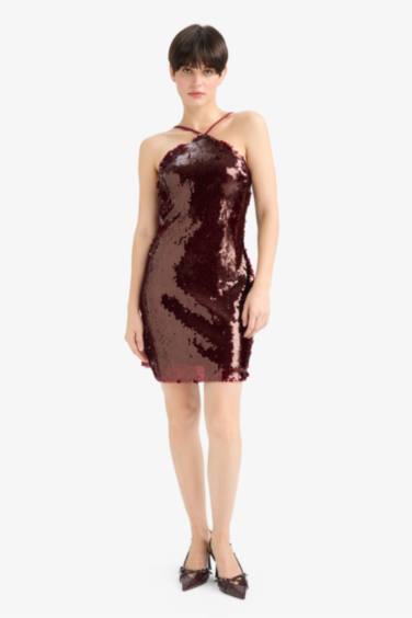 Fitted Halter Yaka Payetli Kumaş Kolsuz Mini Elbise