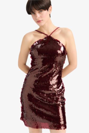 Fitted Halter Yaka Payetli Kumaş Kolsuz Mini Elbise