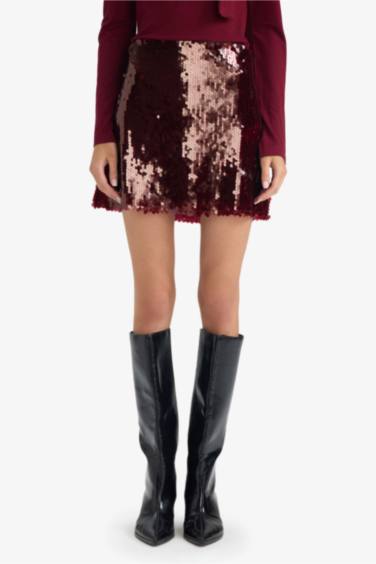 Fitted Normal Bel Astarlı Payetli Kumaş Mini Etek