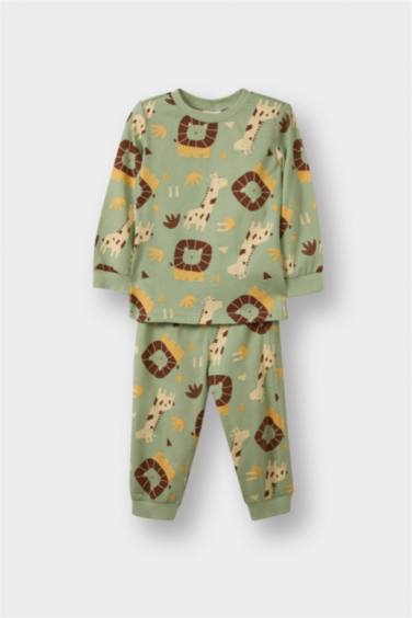 Erkek Bebek Pijama Takımı Safari Baskılı Uzun Kollu Penye Üst Uzun Alt