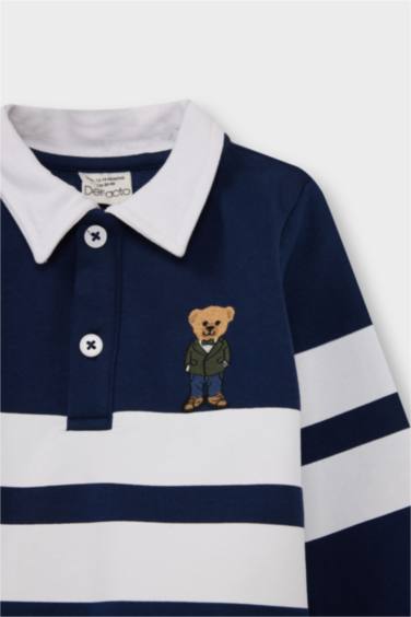 Erkek Bebek Gömlek Yaka Ayı Baskılı Renk Bloklu İçi Yumuşak Tüylü Sweatshirt